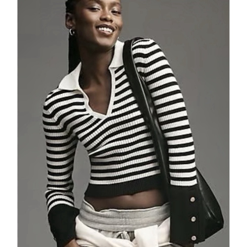 Maeve Anthropologie Collared Sweater XL Black White Striped‎ Gold Button Cuffs